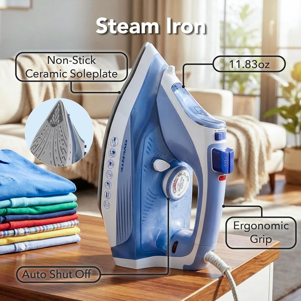 OVENTE Steam Iron - 1200W Non-Stick Ceramic Soleplate with Precise Thermostat & Auto Shutoff | Blue IRNL77BL