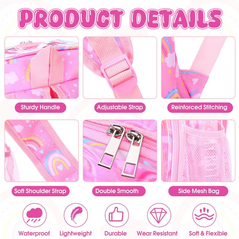 AmazingSpark 3 Pcs Clear Back to School Backpack for Girlslunch Bag Heavy Duty Transparent Rainbow Pink Bookbags with Lunch Box Pencil Case for Teen Girls Concert Stadium Events Approved See Through