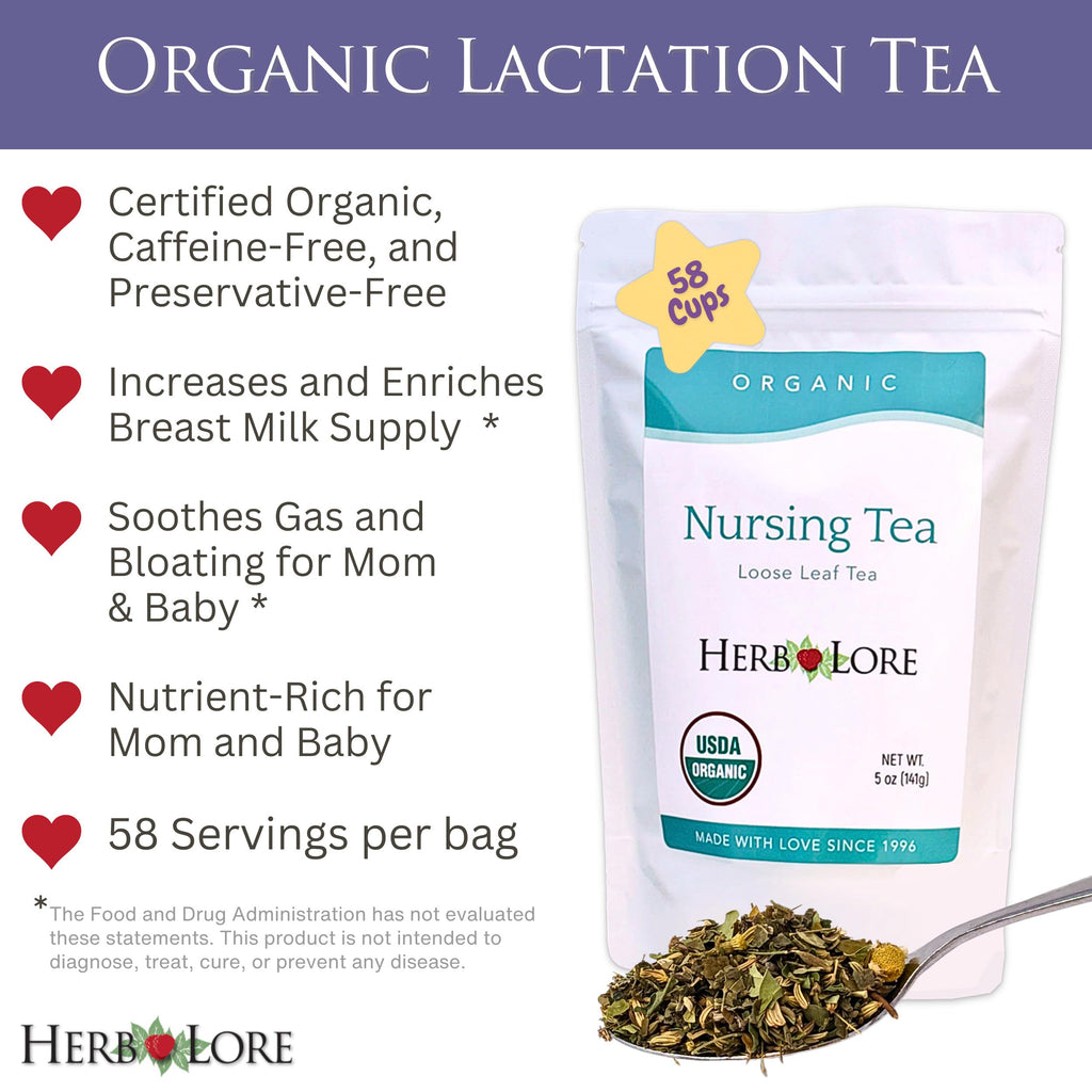 Herb Lore Organic Nursing Tea - 58 Servings - Loose Leaf - Fenugreek Free Lactation Tea with Moringa for Breastfeeding Moms