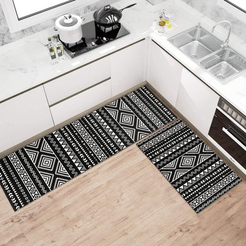 Ideasonna Black Boho Kitchen Rug Mat Decor Black and White Kitchen Rugs Sets of 2 Non-Slip Washable Kitchen Mats for Floor 2 Piece