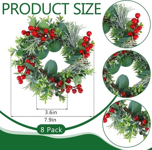 Daifunli Mini Wreaths - 8 Inch Christmas Candle Rings with Red Berries & Eucalyptus | Perfect for Home Decor