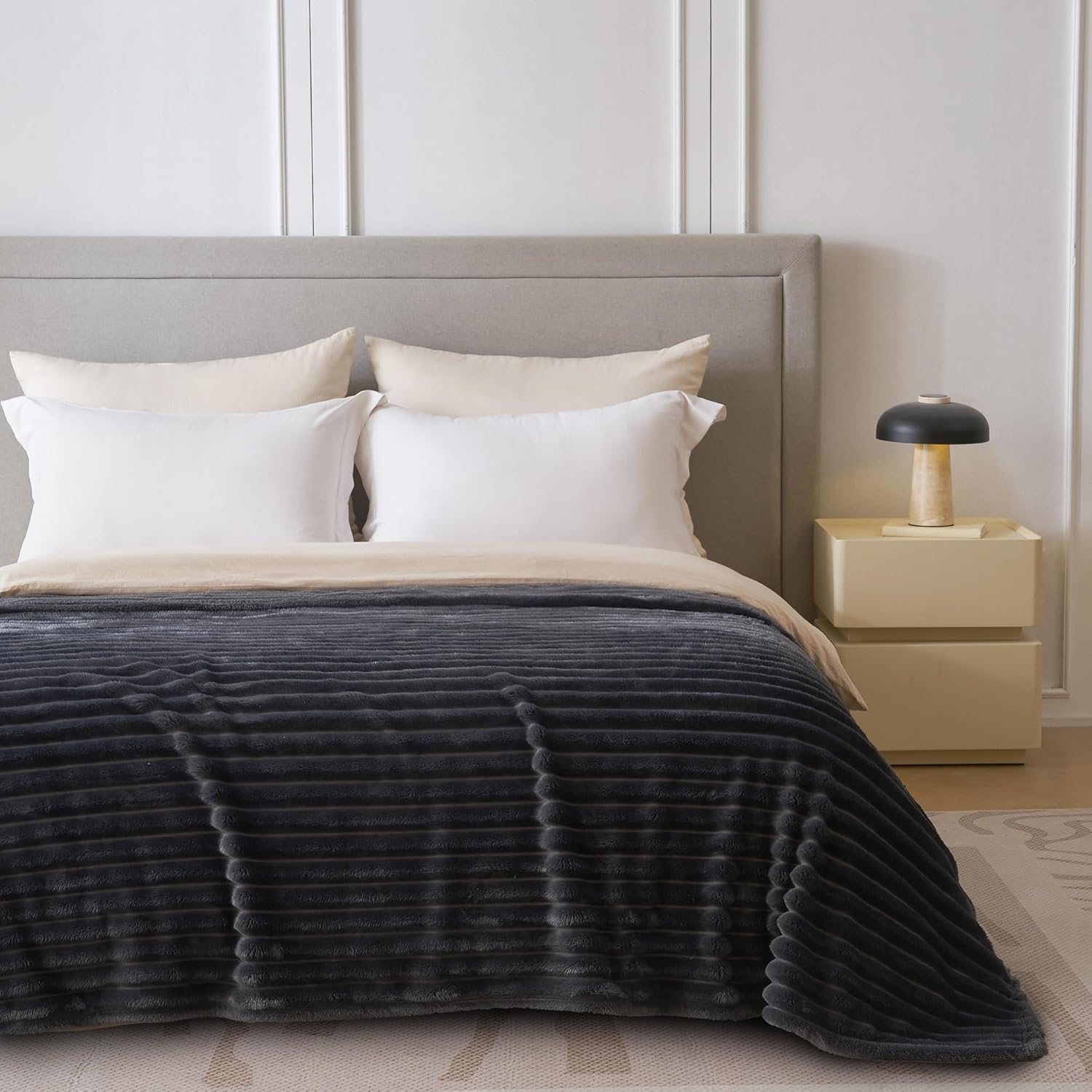 Skiennix Super Soft Queen Blanket - Premium Silky Flannel Fleece, 3D Striped Jacquard Design, 90x90 Inches | Dark Grey