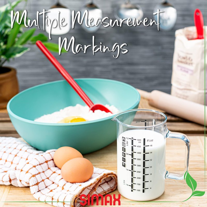 Simax Glass Measuring Cup: 16 Oz Measuring Cups Glass - Liter, Oz and Ml Measuring Cup for Liquid - Borosilicate Glass Metric Measuring Cups in Gram - Measure Flour and Sugar Grams - Easy Pour Spout