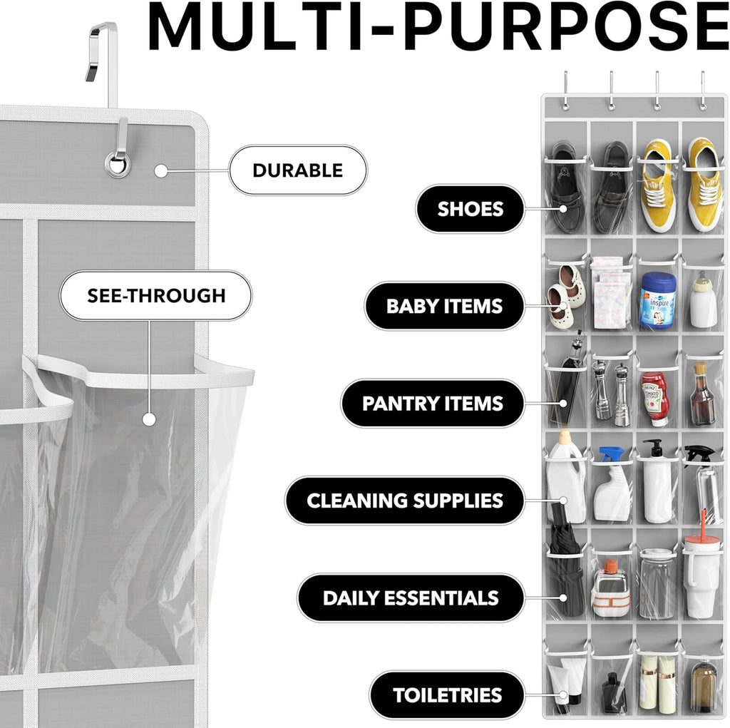Simple Houseware 24 Pockets Over The Door Hanging Shoe Organizer - Crystal Clear, Gray (64'' x 19'')