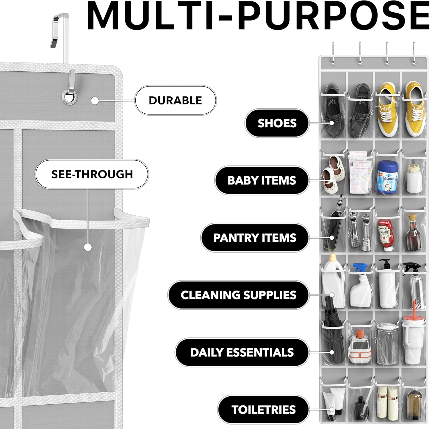 Simple Houseware 24 Pockets Over The Door Hanging Shoe Organizer - Crystal Clear, Gray (64'' x 19'')