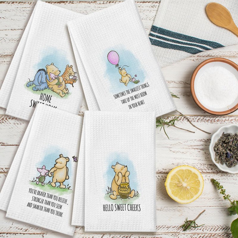 QZCYU Winnie Themed Culinary Linens Set of 4 - Pooh Bear Decor Accents for Kitchen & Bath Spaces - Dishcloths for Culinary Essentials - Charming Presents for Female Enthusiasts
