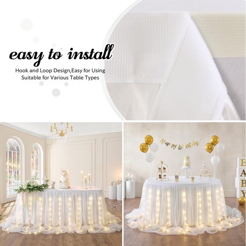 White Tulle Tutu Table Skirt for Baby Shower Wedding,Birthday Party,LED Rectangle or Round Tablecloth for Gender Revel or Baptism (14 ft table skirt), L 14(ft)xH 30in