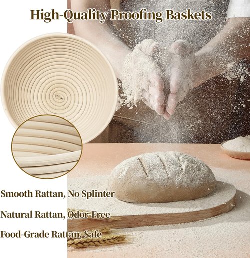 Banneton Bread Proofing Basket Set - 9-Inch Round Natural Rattan with 4 Linen Liners for Sourdough Baking