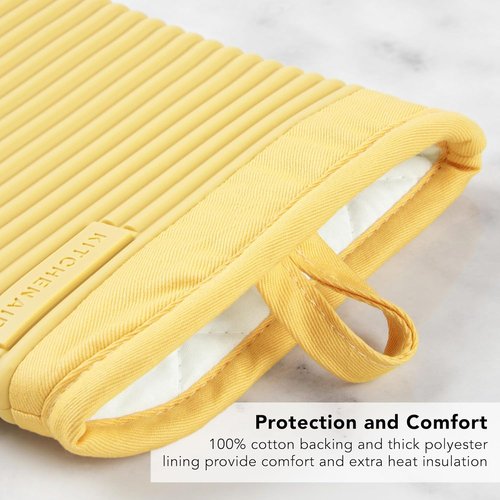 KitchenAid Ribbed Soft Silicone Oven Mitts - 2-Pack Set in Butter Yellow | 7.5"x13" Size