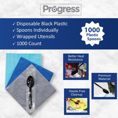 Progress Plastic Cutlery Individually Wrapped Spoons Heavy Duty Disposable [1000 Count- Bulk ] Strong & Durable Black for BBQ Party Supplies Restaurants Office all events Plasticware Disposable Spoons