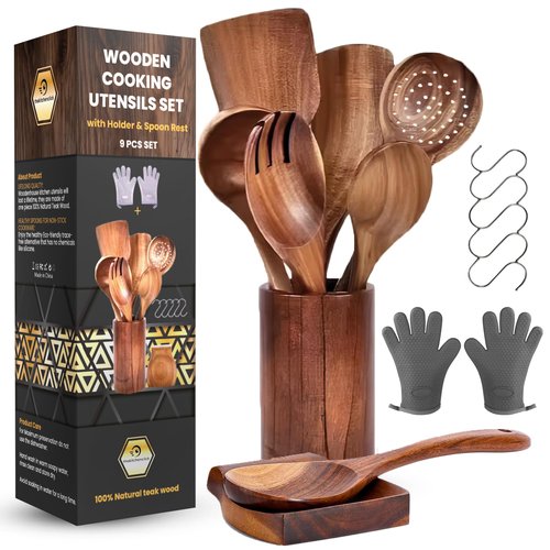 KitchenClick 9-Piece Wooden Spoons for Cooking – Teak Wooden Utensil Set with Hooks, Spoon Rest, Holder & Gloves, Nonstick & Heat-Resistant Wooden Cooking Utensils, Durable Spoon Set for Kitchen