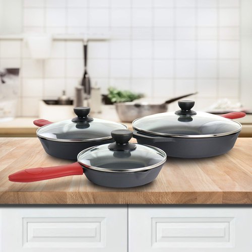 Megachef Skillets with Lids Pre-Seasoned Cast Iron Cookware Set, 9 Piece, Black, Red