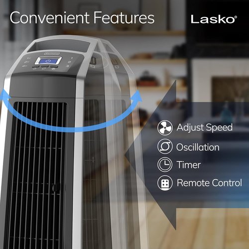 Lasko High Velocity Oscillating Tower Fan - Remote Control, Timer, 3 Speeds | 35" Silver/Black