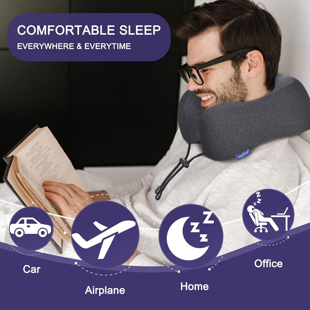 Napfun Travel Neck Pillow - Upgraded 100% Pure Memory Foam for Comfortable Airplane Sleep | Full Black