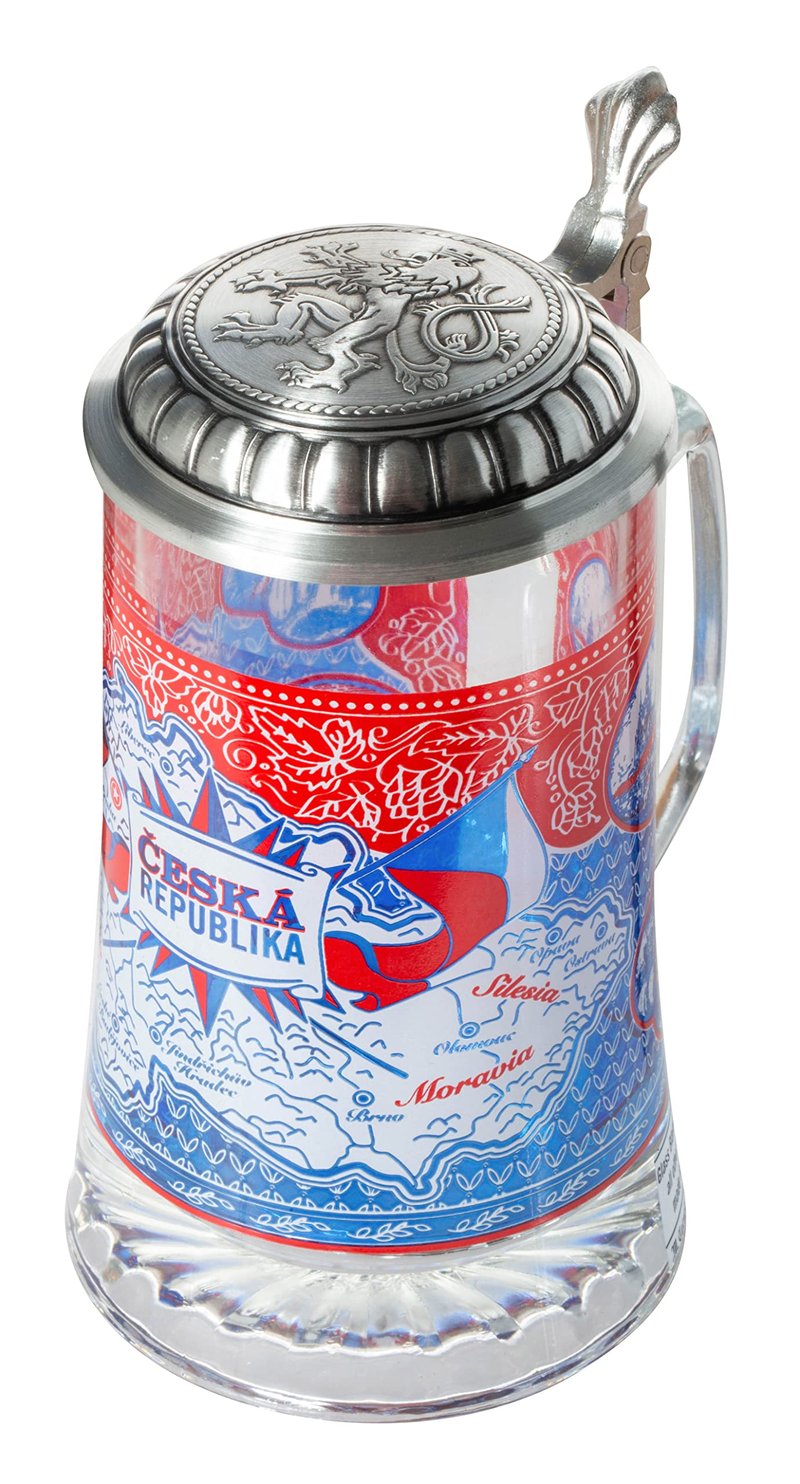 Czech Republik Heritage Flag & Map Glass Beer Stein with Metal Lid and Thumb Lift