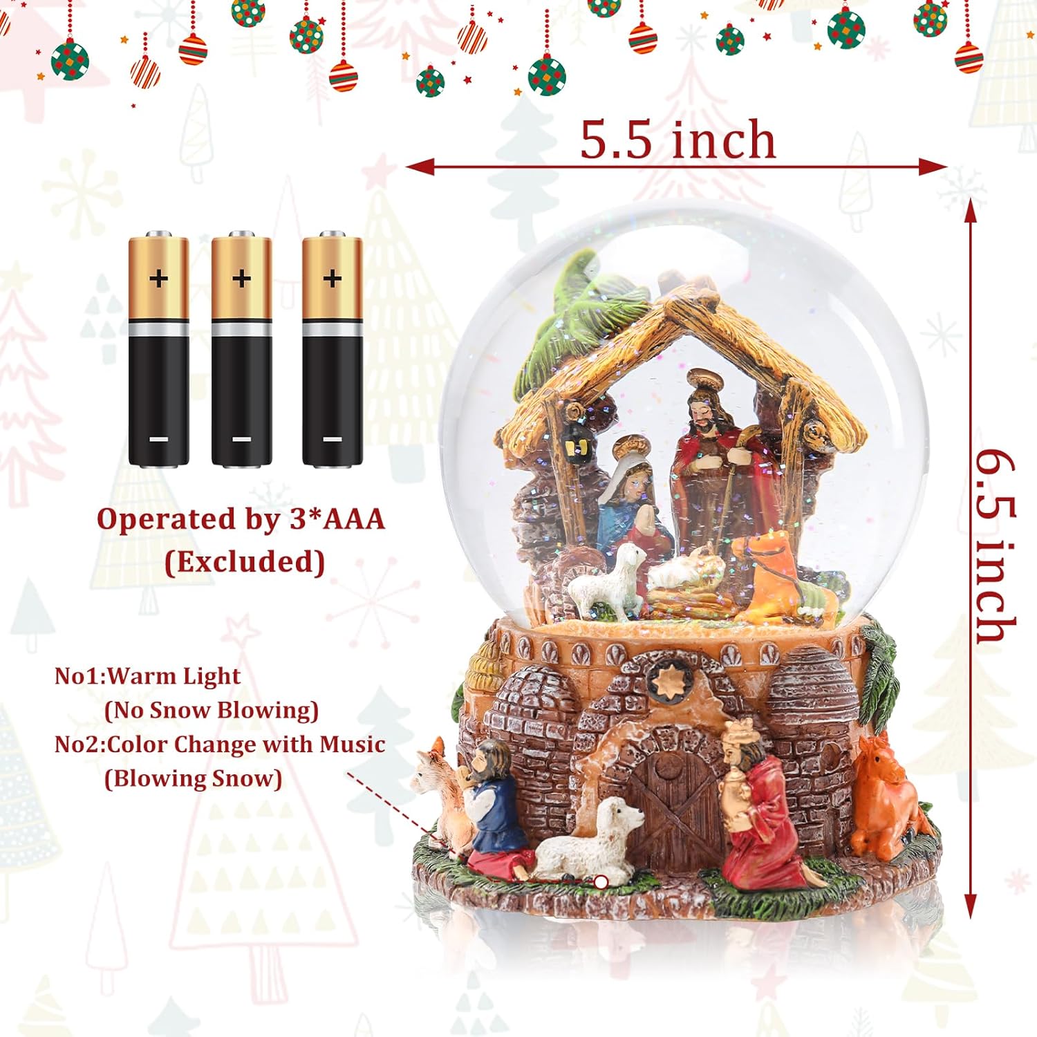 Taman Christmas Nativity Snow Globe - Musical Glittering Lighted Tabletop Décor for the Holidays