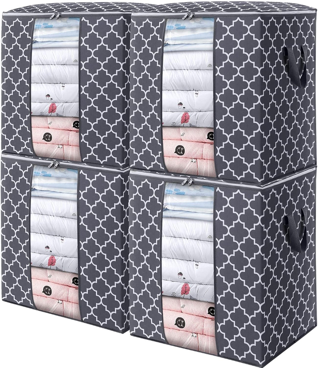WISELIFE Storage Bags - 4 Pack 100L Large Blanket & Clothes Organizers | Foldable with Clear Window & Sturdy Zippers, Gray