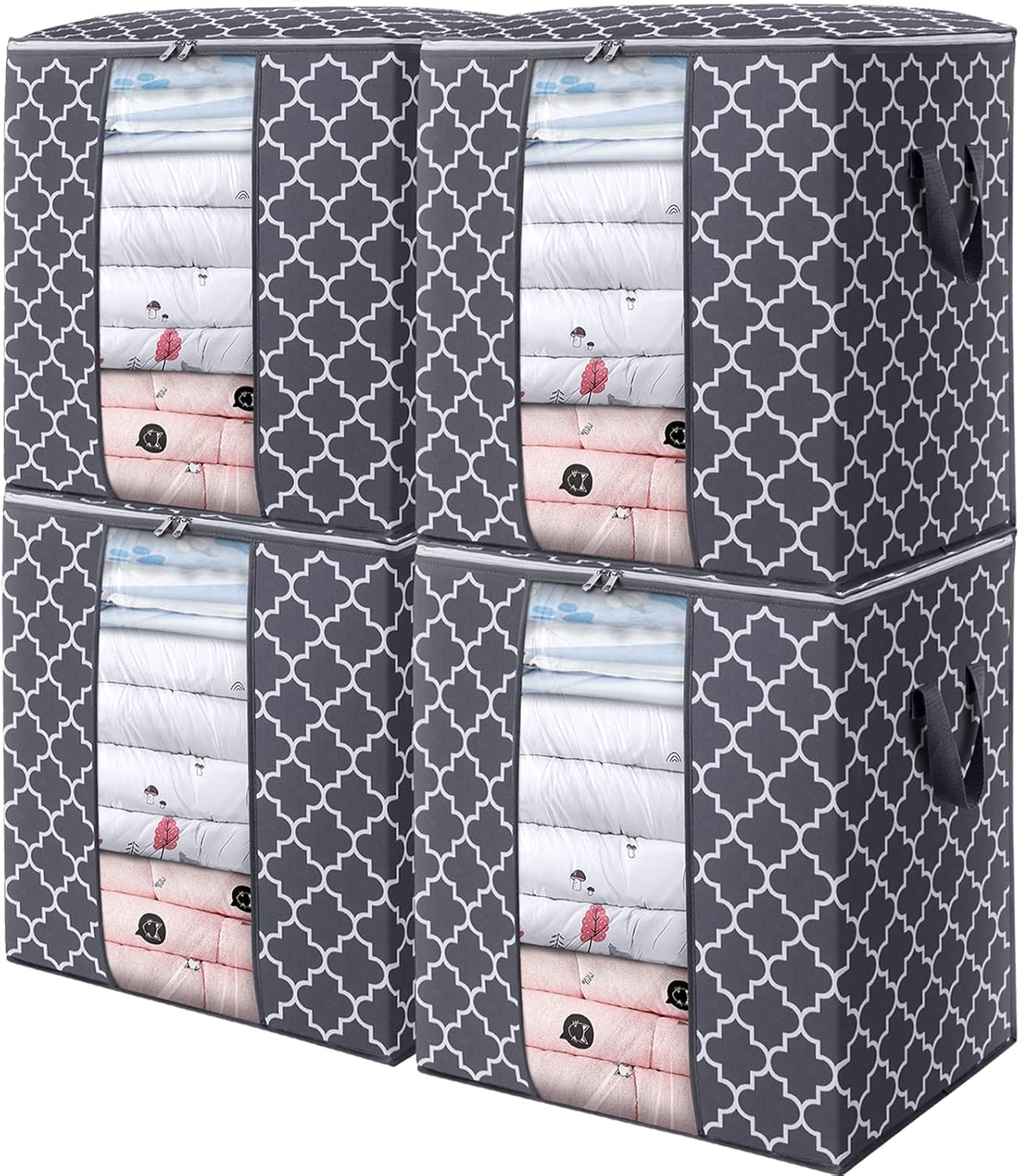 WISELIFE Storage Bags - 4 Pack 100L Large Blanket & Clothes Organizers | Foldable with Clear Window & Sturdy Zippers, Gray