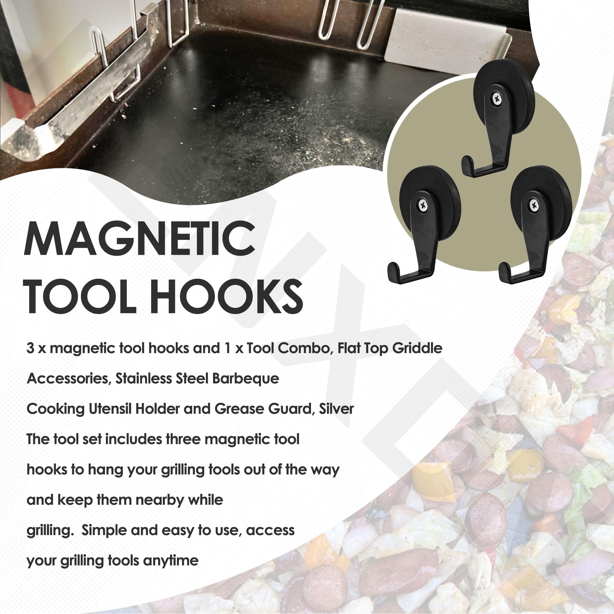 For Blackstone 5188 Rear Grease Gate, 3 Magentic Hooks and Tool Combo, Flat Top Griddle Accessories