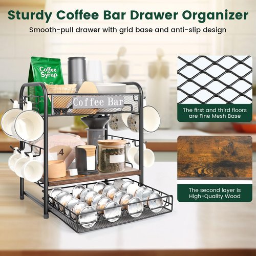 seaflash Coffee Bar Organizer, Station Mug Holder for Countertop, Multi-Functional 3 Tier Coffee Cup Tree Rack for Kitchen, Storage Shelf with 10 Hooks, Vertuo Pods Drawer for Home Office