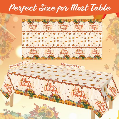 Fanfanwin 12 Pack Thanksgiving Fall Disposable Tablecloths Autumn Maple Leaf Give Thanks Plastic Table Cover 108 x 54 In Rectangle Pumpkin Table Cloth for Thanksgiving Autumn Harvest Party Decorations