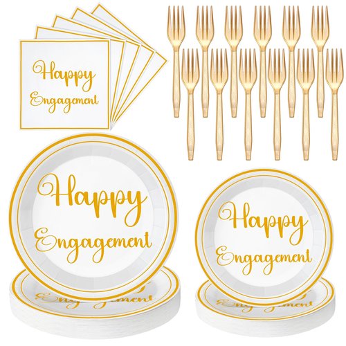 Geyoga 96 Pcs Happy Engagement Party Decorations White Gold Engaged Plates and Napkins She Said Yes Disposable Dinnerware Happy Engagement Plates for Wedding Bridal Shower Party Supplies Serve 24