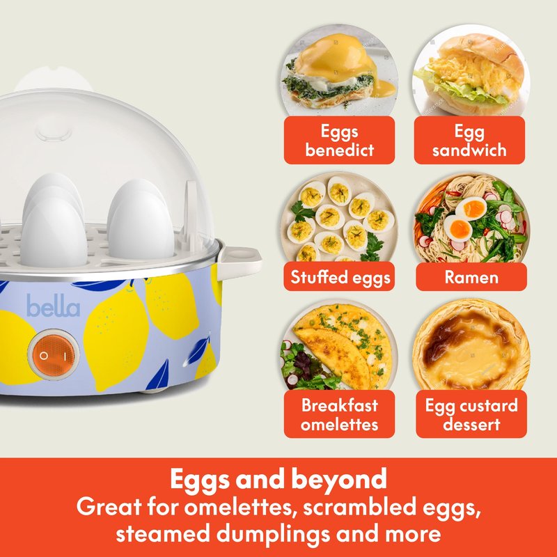 bella Electric Egg Cooker, 7 Eggs Capacity Tray, Single Stack, for Poached, Scrambled, Hard, Medium & Soft Boiled Eggs, Omelets and Steamed Dumplings, Auto Shutoff, 360 Watt, Blue Lemon Drop