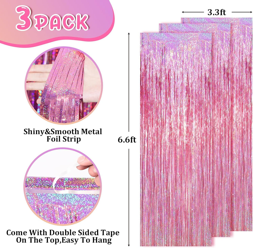 Voircoloria 2 Pack Laser Pink Tinsel Foil Fringe Curtains - Metallic Party Streamers Backdrop for Celebrations