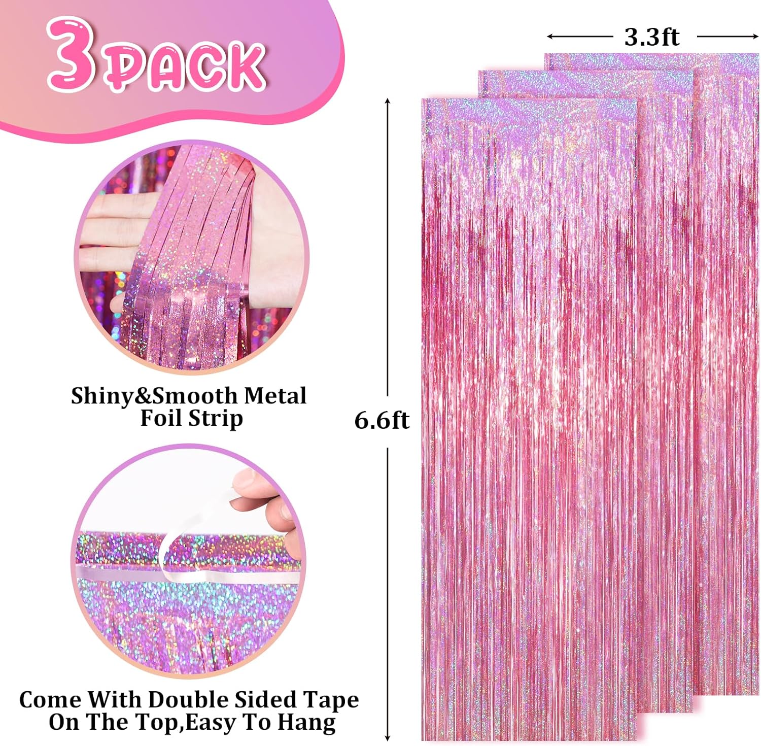Voircoloria 2 Pack Laser Pink Tinsel Foil Fringe Curtains - Metallic Party Streamers Backdrop for Celebrations
