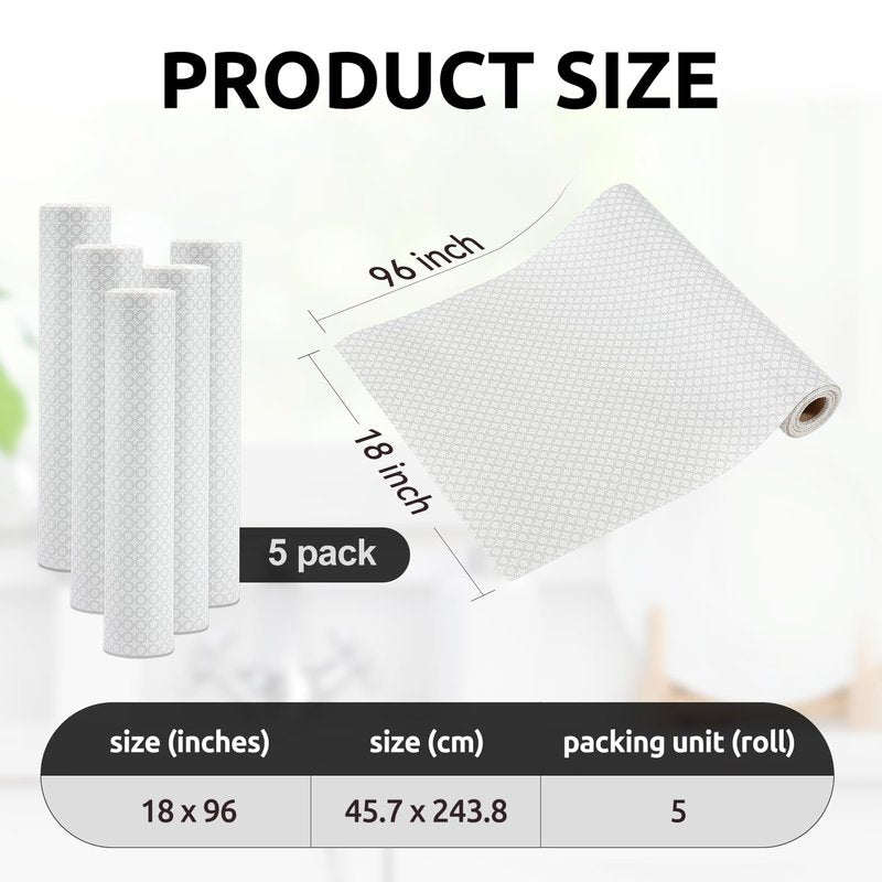 RAY STAR 18X96 Inch Shelf Liner for Kitchen Cabinets, Non-Adhesive Cabinet Liner Washable, PVC Drawer Liner for Dresser Non-Slip Bathroom (White Circle)(5 Roll)