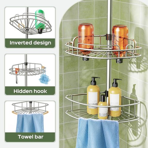 HAMITOR Corner Shower Caddy - 4-Tier Rust-Resistant Adjustable Organizer | 47-121 Inch No-Drill Installation - Silver Gray