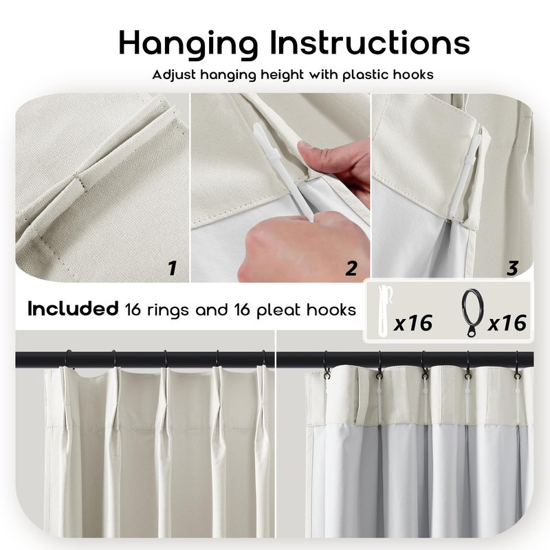 SHINELAND 108 Inch Curtains Long,Pinch Pleated Curtains Blackout Linen Black Out Extra Long Curtain for Living Room Drapes 108 Inches Long 2 Panels,Cream