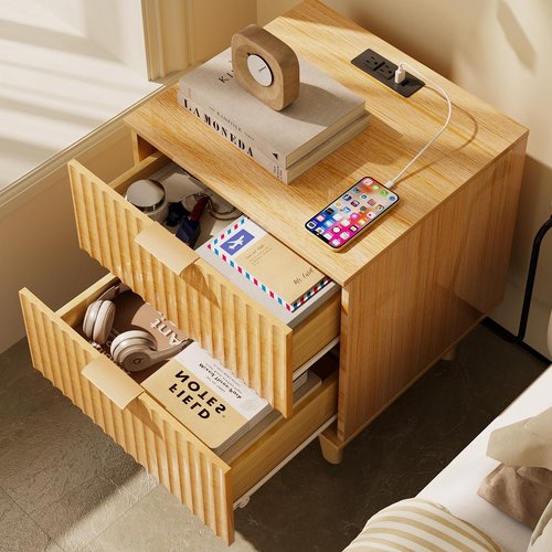 Urban Deco Fluted Nightstand with Charging Station, Mid Century Modern Nightstand, Wooden Side Table with 2 Fluted Drawers, End Table with Solid Wood Legs for Bedroom, 15.4 x 15.4 x 22.8 in (Natural)