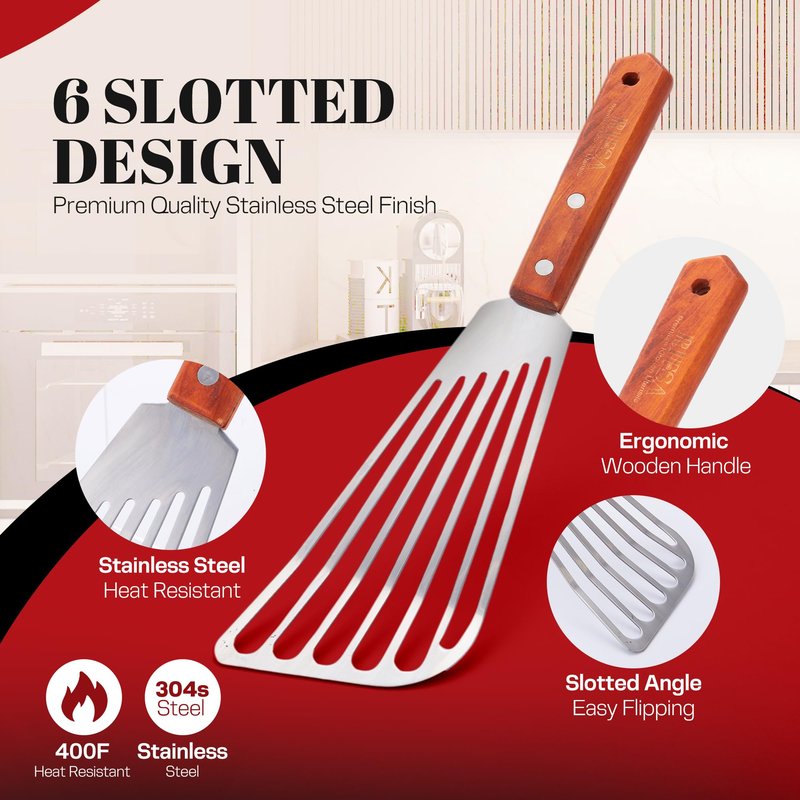 Fish Spatula Stainless Steel 2 Slotted Fish Spatulas for Nonstick Cookware - Elegant Silver Finish Turner Spatula with Ergonomic Wooden Grip Size 11” Blade Ideal for Home and Professional Chefs