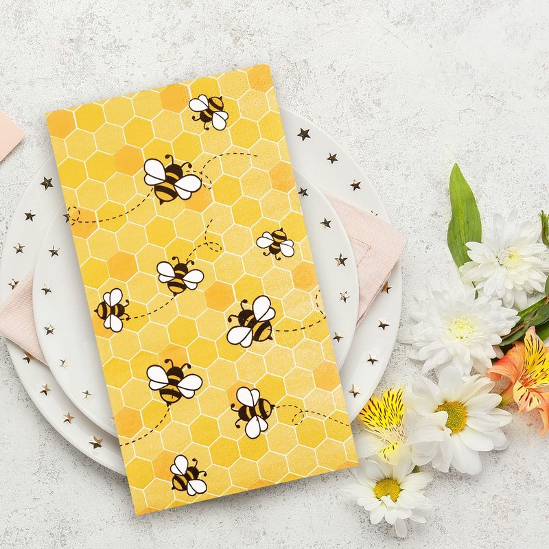 Whaline Bee Guest Napkins 3 Ply Disposable Paper Pack Yellow Honeycomb Dinner Hand Napkin Towel for Happy Bee Day Summer Spring Wedding Birthday Party Table Decorations, 80Pcs