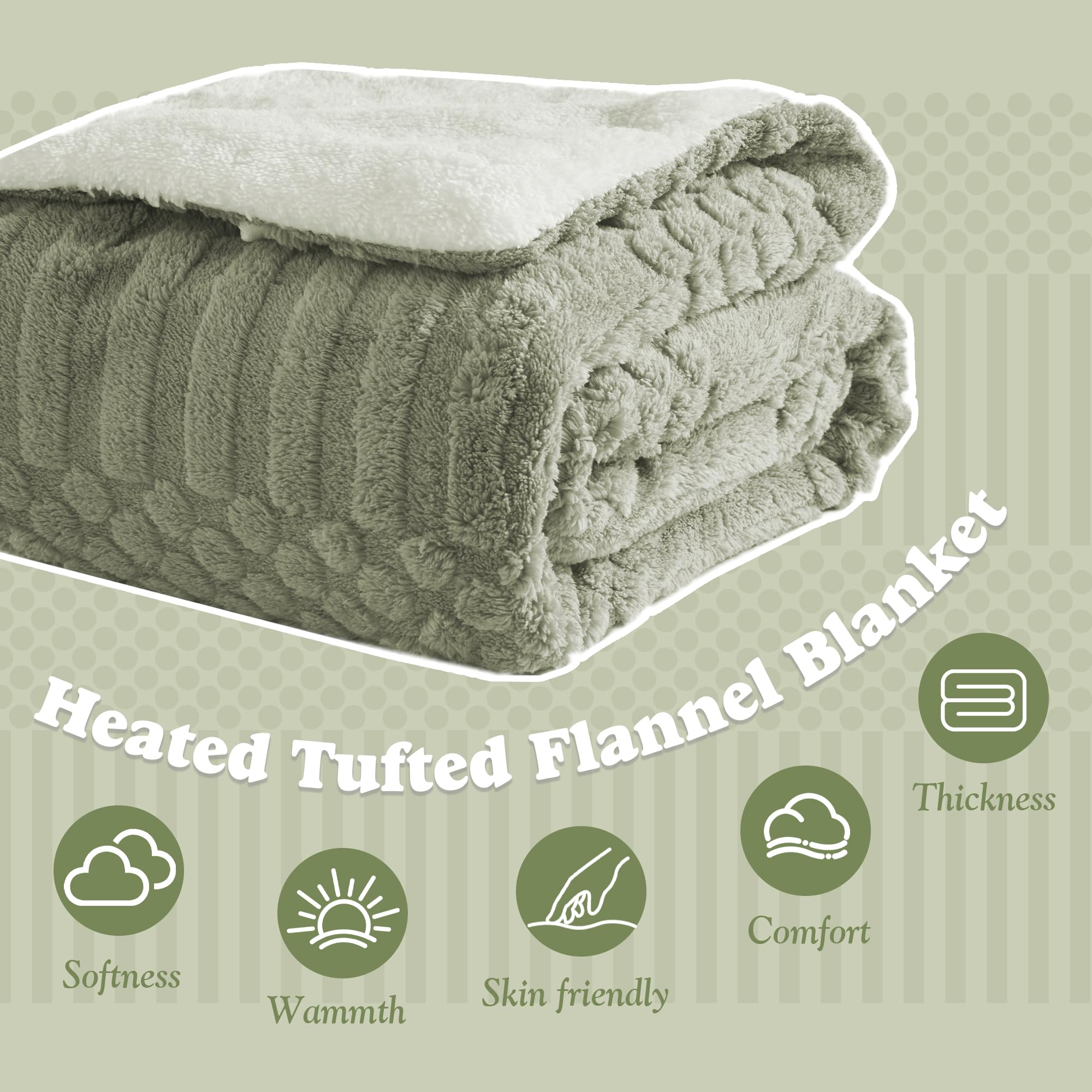 ACCU-WARMTH Tufted Heated Blanket Throw Size - Fast Warming with 6 Heat Settings & 4 Hours Auto-Off, Electric Throw Blanket for Couch, 50"x60", Sage Green