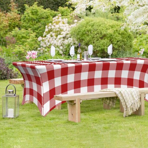 XBFCDN Buffalo Plaid Red and White 6 Ft Elastic Table Cover Fitted Rectangular Tablecloth for Party Banquet Festival Wedding