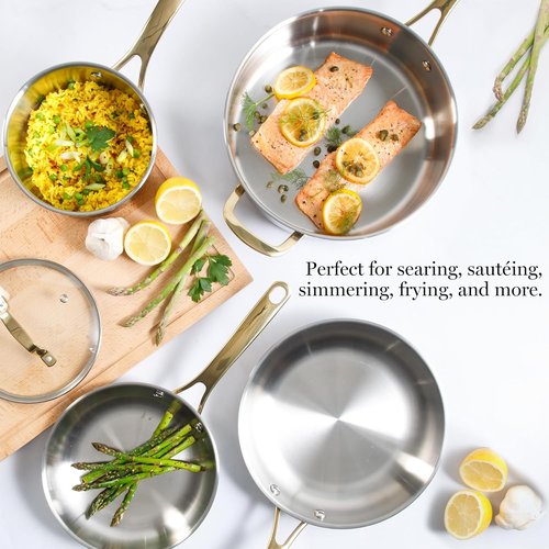 Martha Stewart Castelle 10-Piece Stainless Steel Cookware Set | Durable Induction Safe with Gold Handles