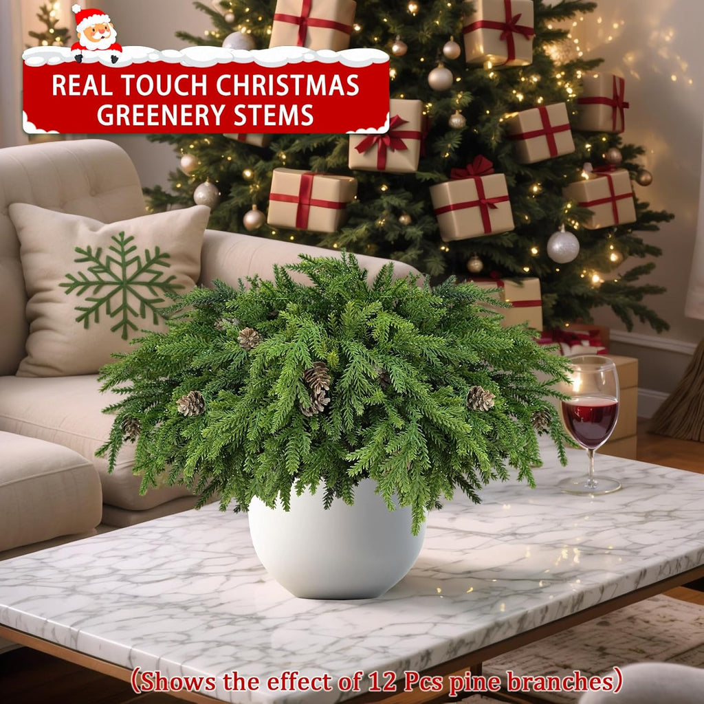 Skiennix Christmas Greenery Stems - Realistic Pine & Cedar Picks with Pinecones | 6 Pcs for Home Decor