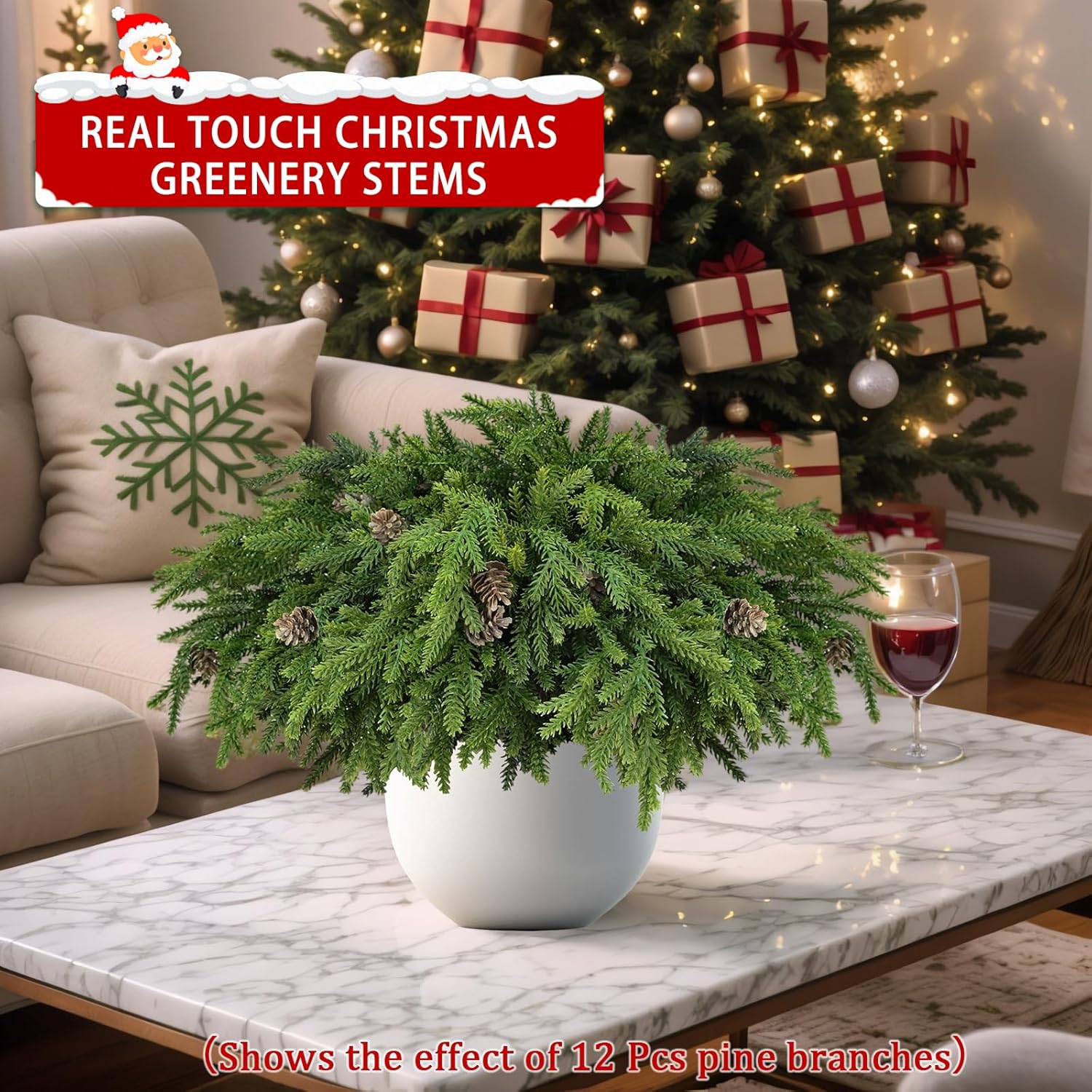 Skiennix Christmas Greenery Stems - Realistic Pine & Cedar Picks with Pinecones | 6 Pcs for Home Decor