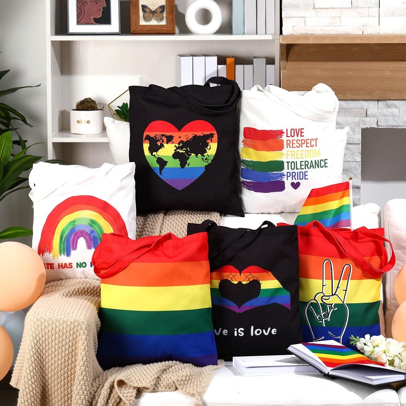 Wovnet 12 Pieces Rainbow Flag Canvas Tote Bags Pride Day Gift Bags Bulk Canvas Handbag for LGBTQ Pride Party Supplies (Pride Day)