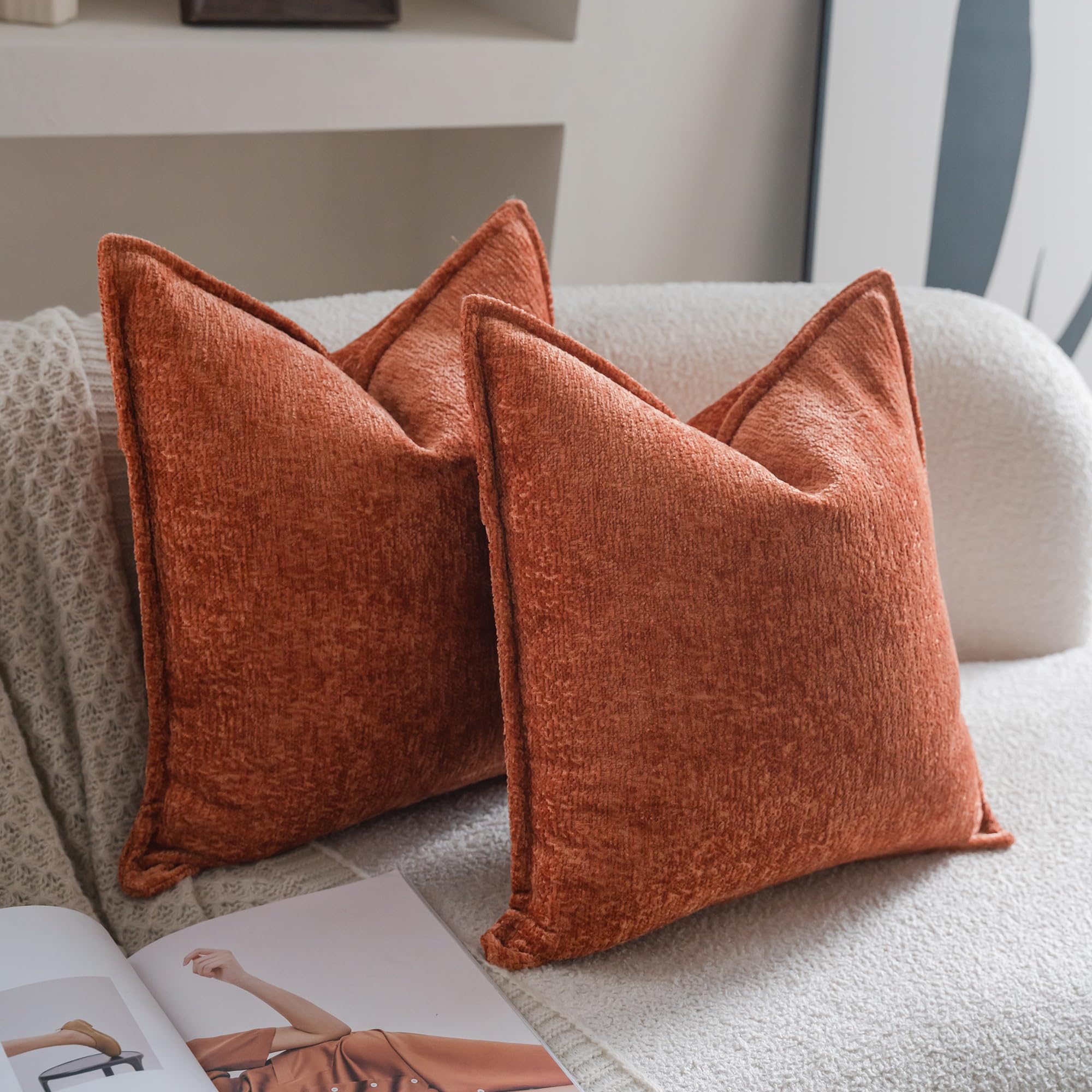 Neelvin Orange Chenille Decorative Throw Pillow Covers 18x18 inch Set of 2 Pillowcase Cushion Case for Bed Sofa Couch