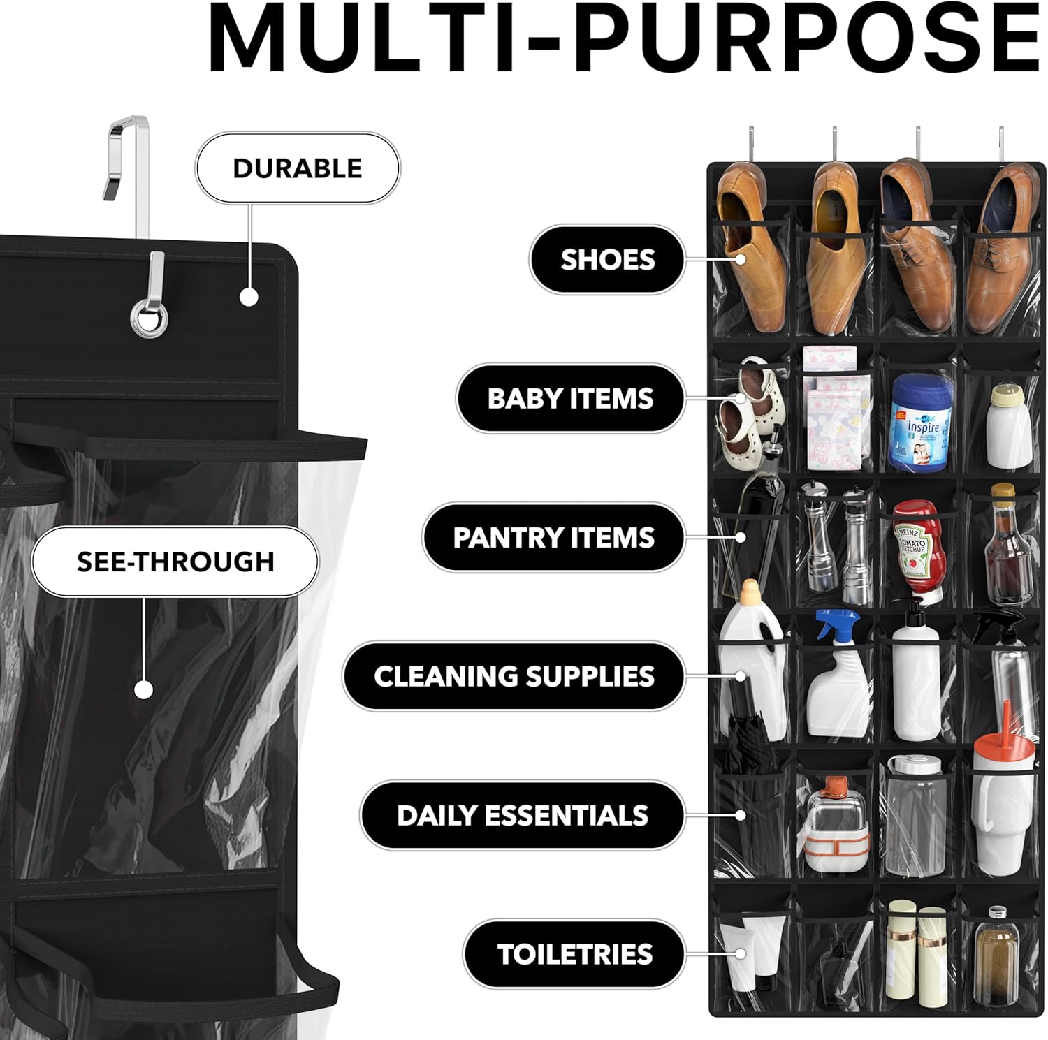 Simple Houseware 24-Pocket Over-The-Door Shoe Organizer - Large Clear Pockets, Black (56" x 22.5")
