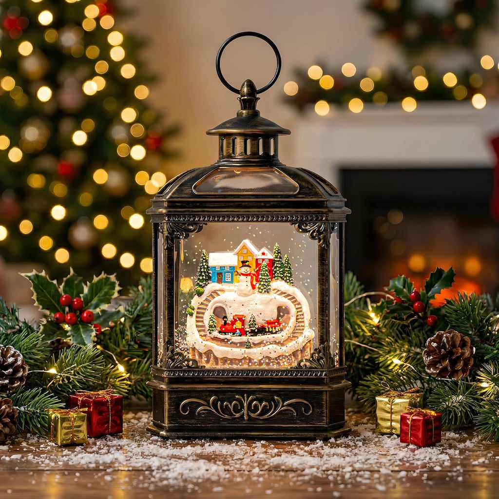 VISFLAIR Snow Globe Lantern - Musical Lighted Christmas Village with Snowman & Train | Battery Operated or USB Powered