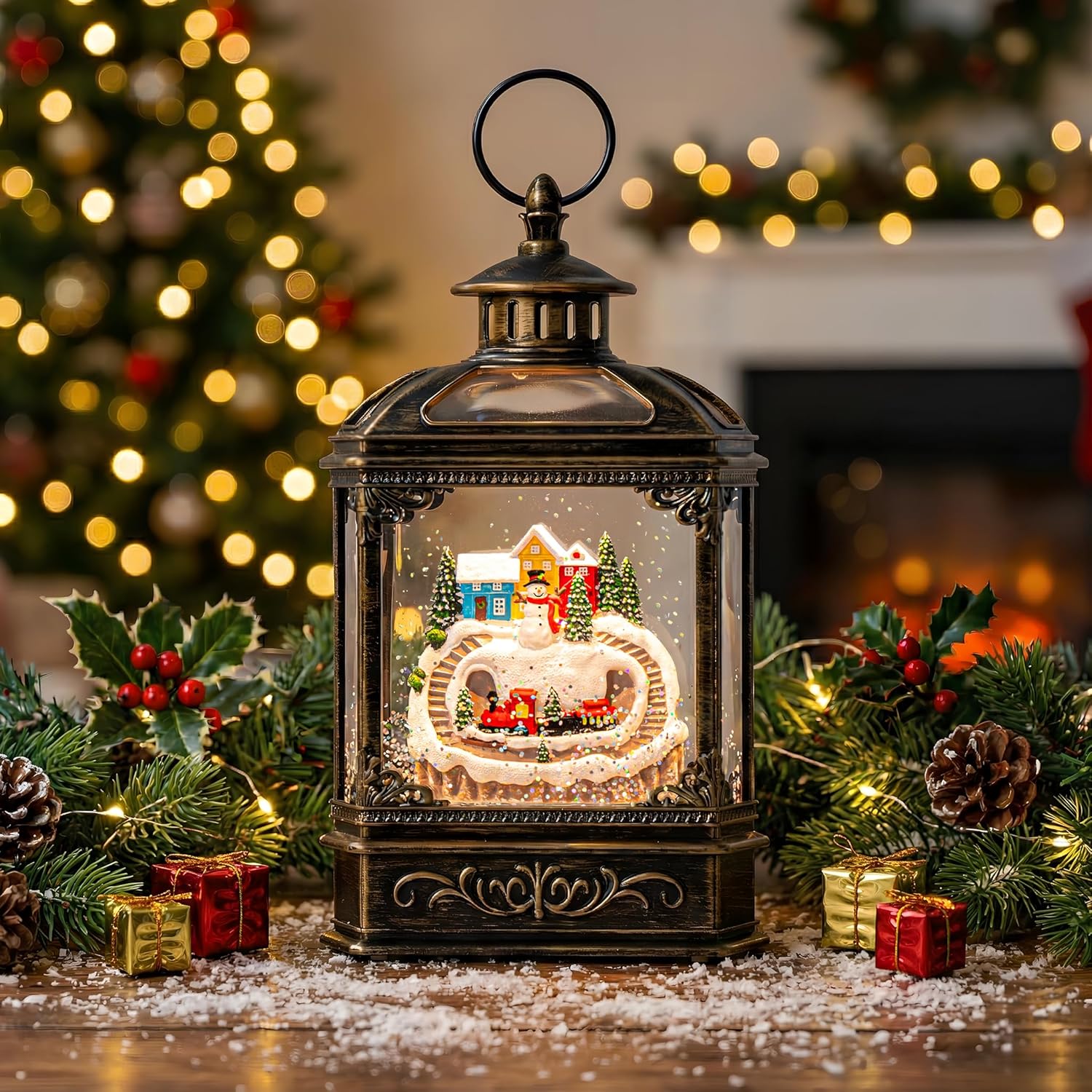VISFLAIR Snow Globe Lantern - Musical Lighted Christmas Village with Snowman & Train | Battery Operated or USB Powered