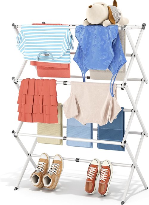 APEXCHASER Clothes Drying Rack - 3-Tier Expandable Metal Laundry Dryer | Collapsible Air Drying Rack, White