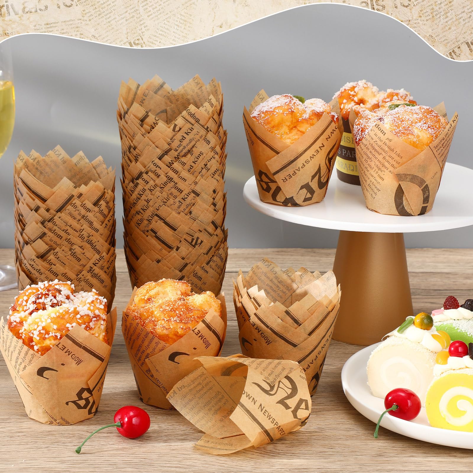 Yungyan 800 Pieces Tulip Cupcake Liners for Baking Cups Newspaper Print Paper Cupcake Muffin Liners in Standard Size Greaseproof Wrappers for Weddings Birthday Party Christmas