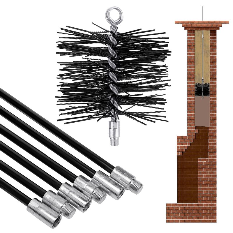 18FT Total Fiberglass Chimney Cleaning Kit - 3FT × 6Pcs Fiberglass Chimney Rod and 6 Inch Brush, with Standard 1/4" NPT End Fitting, Chimney Cleaning Sweep Kit for Hearth Fireplace