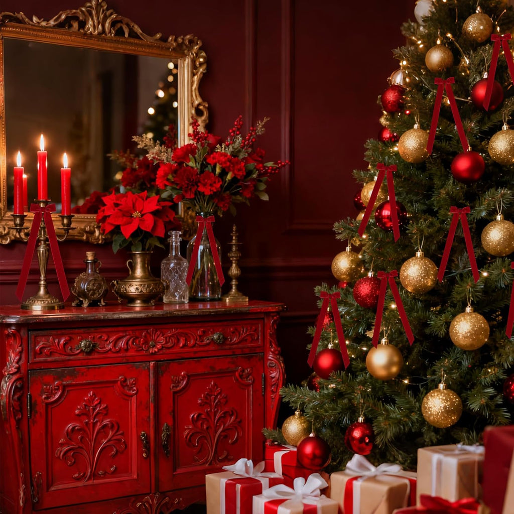 Regine Switzerland 12Pcs Red Christmas Candlestick Bows - 13 Inch Velvet Ribbon for Table Decor & Gift Wrapping