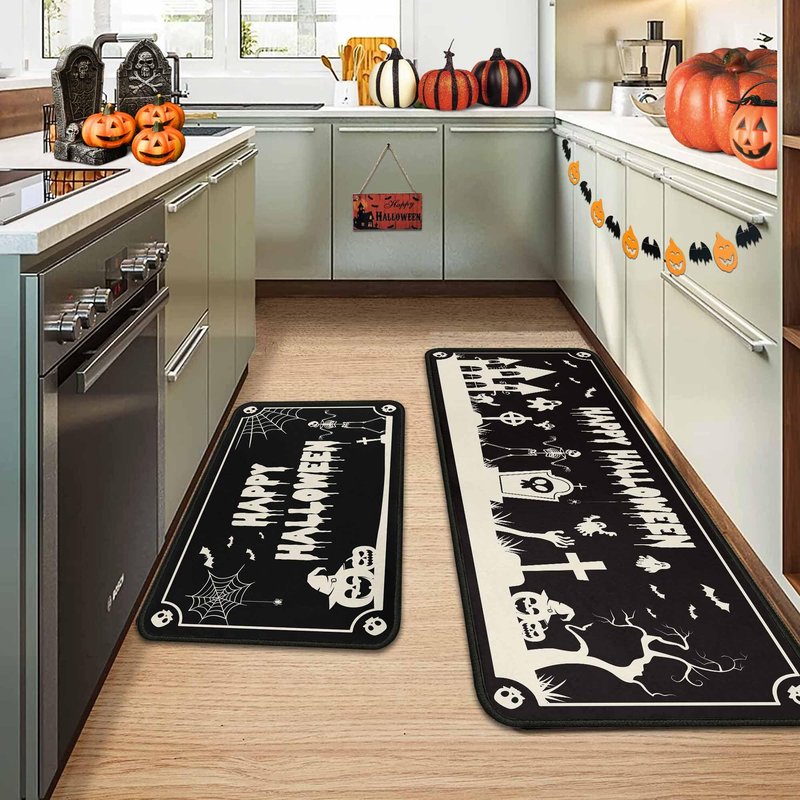 OUXIOAZ Happy Halloweeen Skull Black Kitchen Rugs and Mats Set of 2, Bat Boo Pumpkin Halloween Farmhouse Party Floor Mat for Home Kitchen Decorations 17"x47"+17"x30"